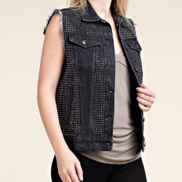 VOCAL USA BLUE Cotton Crystal Studded Raw Edge Button Down Denim Vest NWOT SZ L - Picture 3 of 17